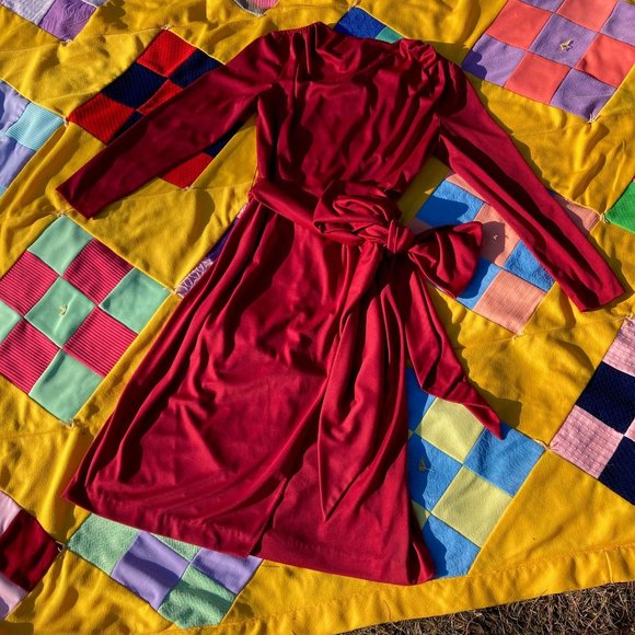 70s maroon red dress polyester 1970s | XS - S |  retro mod long sleeved sash bow - Picture 1 of 8